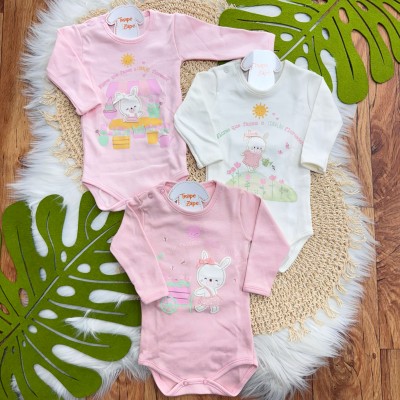 Kit 3 Peças - Bodys Manga Longa Flores Que Fazem O Coração Florescer - Rosa, Off White e Rose